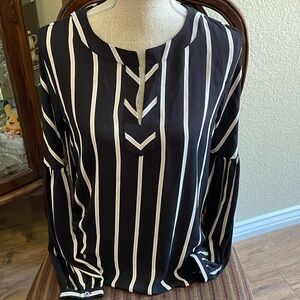 LOFT Size S black striped siphon split neck tunic top long sleeve elegant